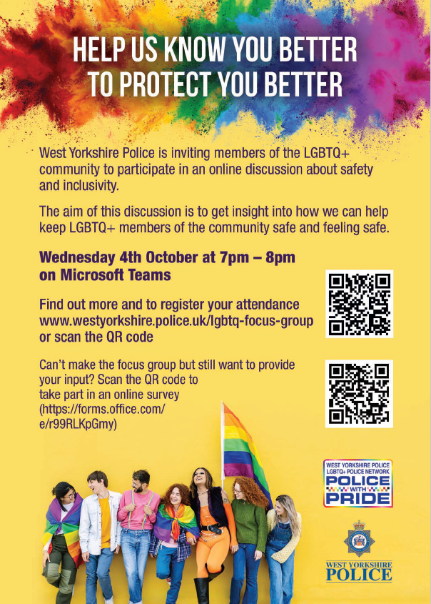 Every member of the LGBT+ community has the right to feel safe. Please join this discussion if you are able, help @WestYorksPolice to help us @WYP_LGBTQ