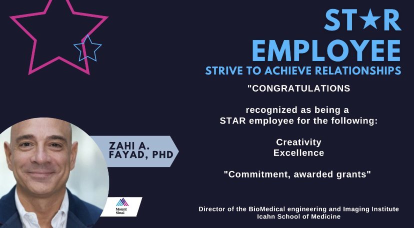 Congratulations to Zahi Fayad, PhD for receiving recognition through the Star nomination for his dedication to upholding the values and service behaviors of the @MountSinaiNYC @MountSinaiDMIR @RofskyMD @zahifayad @BMEIIsinai #staremployee
