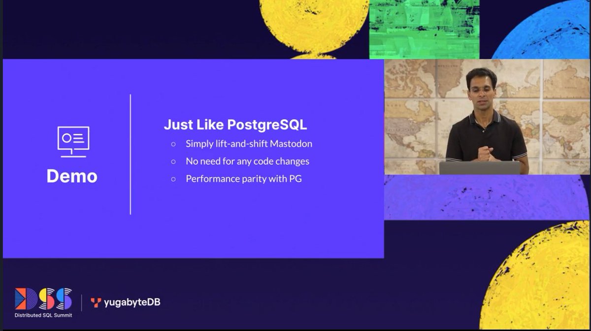 FranckPachot's tweet image. #DSS2023 keynote by @karthikr:
Running @joinmastodon on YugabyteDB and comparing with PostgreSQL