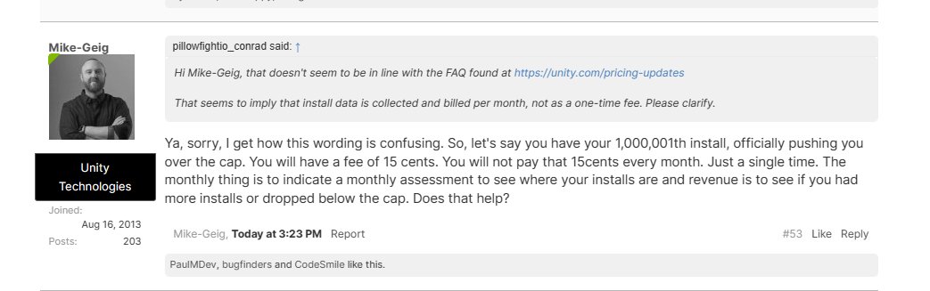 ffyhlkain's tweet photo. Well at least there are coming in some clarifications. It's not payment installs per month (would have been absurd) and you only pay per install over the cap. Still a bad idea and leaving many questions open.
#Unity3d #PayPerInstall #MadeWithUnity https://t.co/RYeh21Cvra