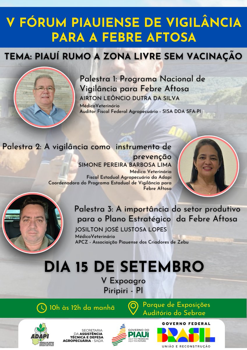 adapi_pi's tweet image. Participem de nosso fórum na Expoagro em Piripiri.

Venham discutir sobre a importância do aumento da vigilância sobre a Febre Aftosa pelos produtores com a previsão da retirada da obrigação da vacinação e discutir melhorias em nosso sistema.

Contamos com sua presença!

#adapi