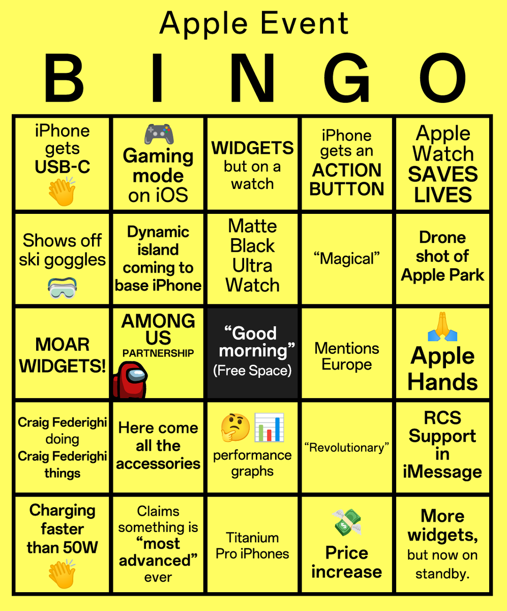 OnePlus_USA's tweet photo. Hey, it’s Dez (the social media manager) and I’m taking over to play a little game of bingo for the Apple Event. Play along with us and let’s have some fun - and hopefully not get me fired... https://t.co/siz5MIK9wi