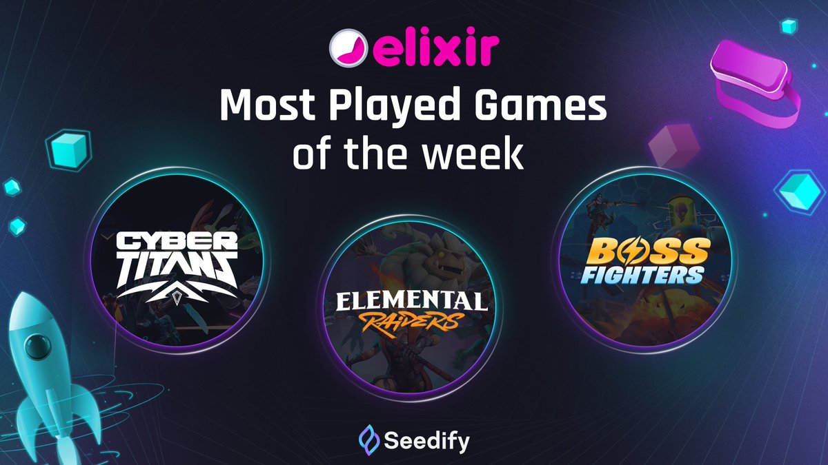 The weekly top 5 of most played games at <a href="/elixir_launcher/">Elixir Launcher</a> features 3 of Seedify's partner projects 🏆

Congrats <a href="/CyberTitansGame/">CyberTitans</a>, <a href="/EleRaiders/">Elemental Raiders</a> <a href="/BossFightersVR/">BOSS FIGHTERS</a> 👏

Are you playing any of these? 🎮

If not, there's no better timing than now 😉