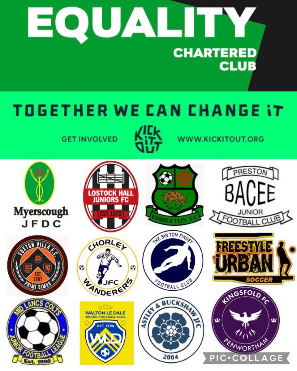 Congrats to the <a href="/mlcjfl/">Mid Lancs Colts JFL</a> who hold the prestigious <a href="/kickitout/">Kick It Out</a> Equality Charter League Award and to its following member Club 

<a href="/RibbletonFC/">Ribbleton FC</a> who are adding to the growing number of members promoting Equality, Diversity &amp; Inclusion throughout their Club &amp; Community.

<a href="/kickitout/">Kick It Out</a>