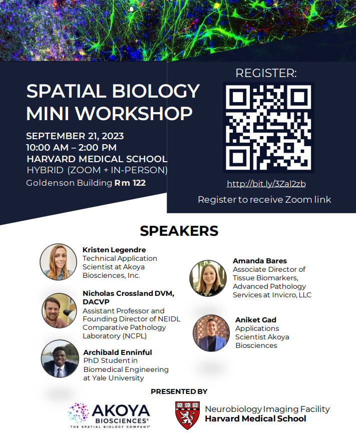 Akoya Biosciences (@akoyabio) on Twitter photo Save the date for a #SpatialBiology Mini Workshop at <a href="/harvardmed/">Harvard Medical School</a>! This free hybrid workshop will cover tips and techniques for scaling #spatial data using Akoya's technology. The workshop includes a technical session and a panel discussion.
Register now: bit.ly/44TWYSm Save the date for a #SpatialBiology Mini Workshop at <a href="/harvardmed/">Harvard Medical School</a>! This free hybrid workshop will cover tips and techniques for scaling #spatial data using Akoya's technology. The workshop includes a technical session and a panel discussion.
Register now: bit.ly/44TWYSm