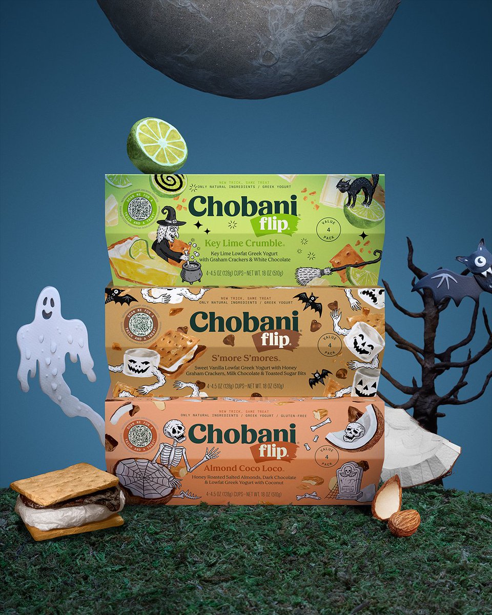 Boo! Our Chobani Flip Greek Yogurts are “dressing up” this #Halloween. Love them? Collect them all. And scan the QR code for a treat. 👻✨ NO PURCHASE NECESSARY VOID WHERE PROHIBITED. Visit through 11/1/23 or while treats last. Details at chobani.com/trickortreat