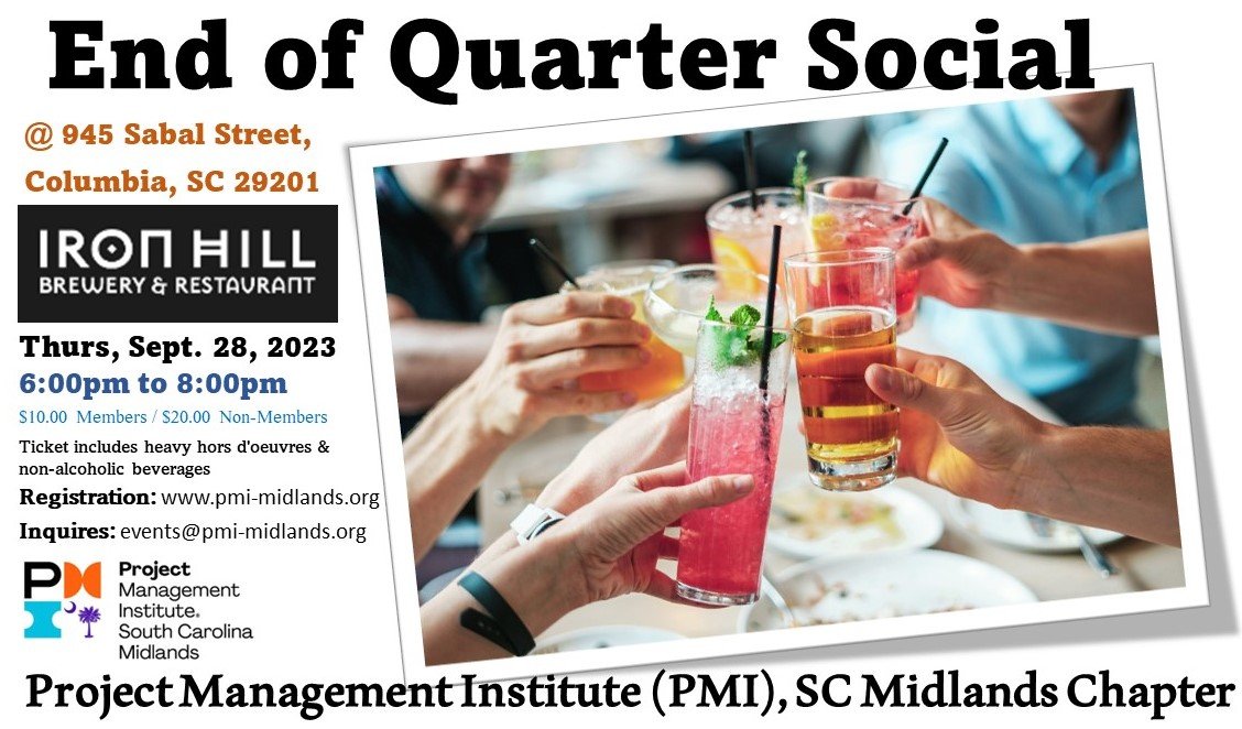 Please join us for the End Of Quarter Social on Thursday 09/28/23 from 6pm to 8pm
Register here pmi-midlands.org/calendar?event…
#Pmiscmidlands