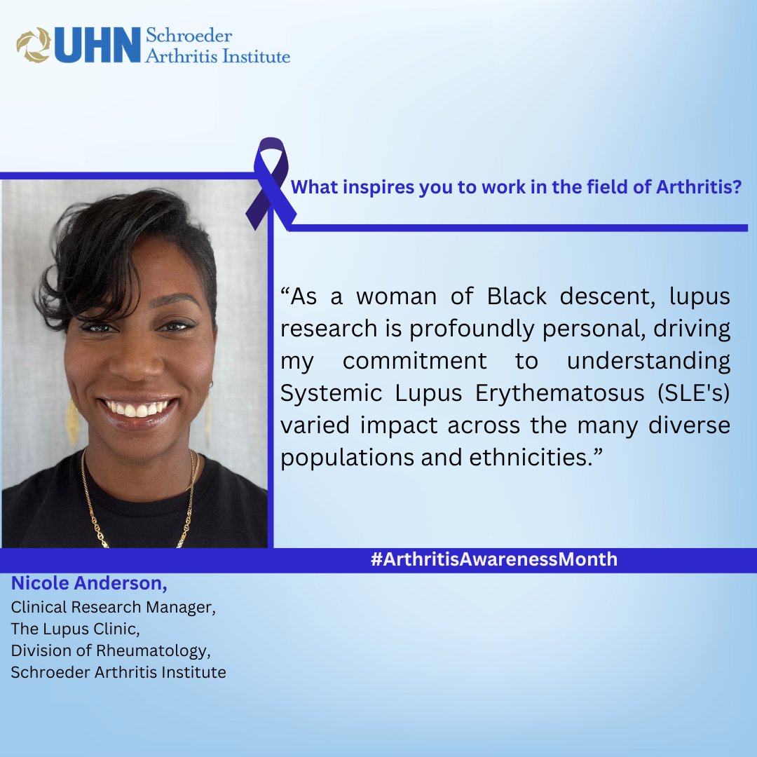 SchroederInst's tweet photo. Nicole Anderson is the Clinical Research Manager at the #Lupus Clinic, within the Division of #Rheumatology @SchroederInst. Being able to understand the impact of Lupus across many diverse populations and ethnicities inspires her to work in this field.
#ArthritisAwarenessMonth https://t.co/PtNHHvLCXj