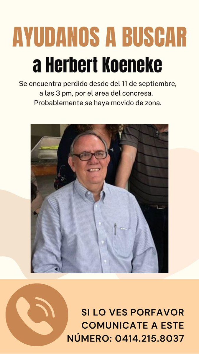 asopraes's tweet image. Nos piden ayuda para poder ubicar a Herbert Koeneke. Su domicilio está en Residencias Prado Humboldt, sector Concresa, municipio Baruta, y se encuentra desaparecido. Salió caminando ayer lunes 11 de septiembre y no regresó. Es profesor de la USB.