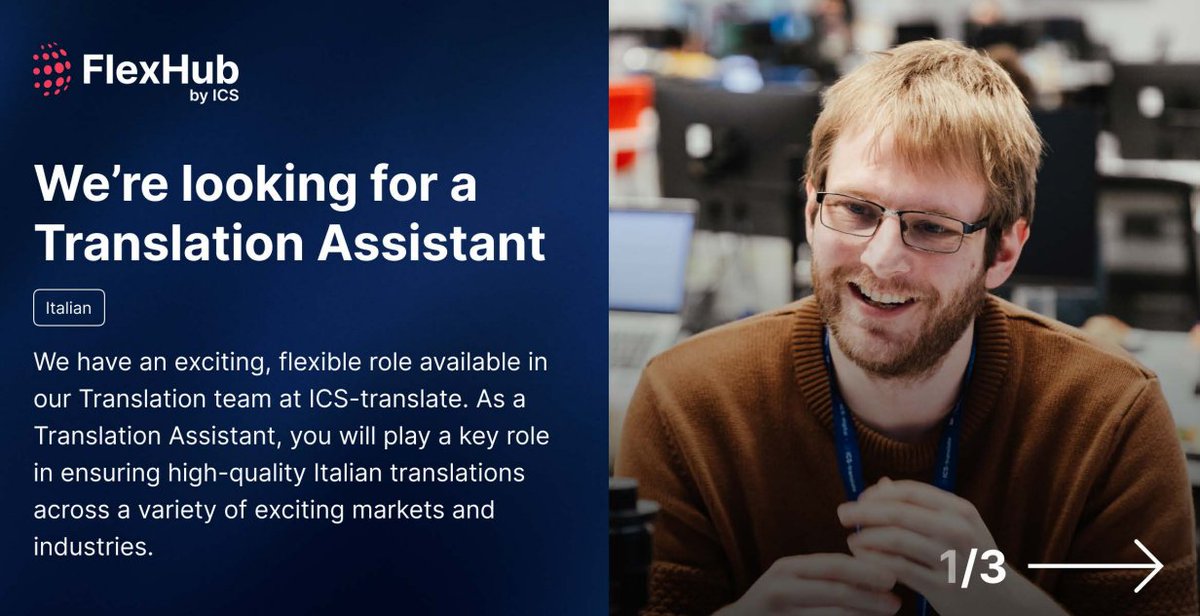 ICStranslate's tweet photo. We're looking for a Translation Assistant.

We have an exciting role available for an Italian-speaker to join our team as a Translation Assistant.

To learn more about this role or to apply, visit us at: https://t.co/BOBT5kZ0Hi https://t.co/rpprN5KFK9