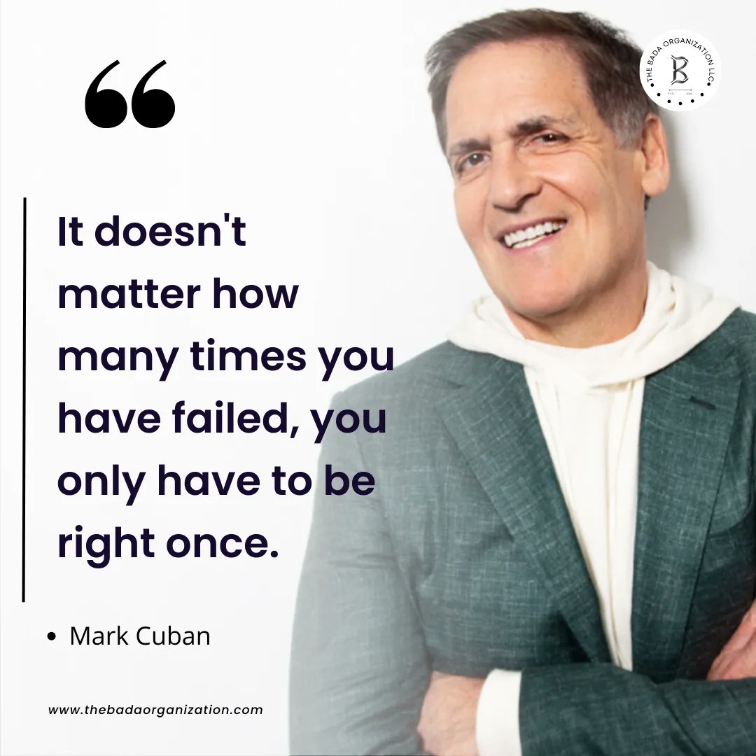 ConsultantSch's tweet image. Embrace every failure as a stepping stone to success. Mark Cuban’s wise words remind us that one right move can change everything. 💡🚀
#LearnFromFailure #PersevereForSuccess #MarkCubanWisdom #EntrepreneurialSpirit #KeepPushingForward #BusinessQuotes