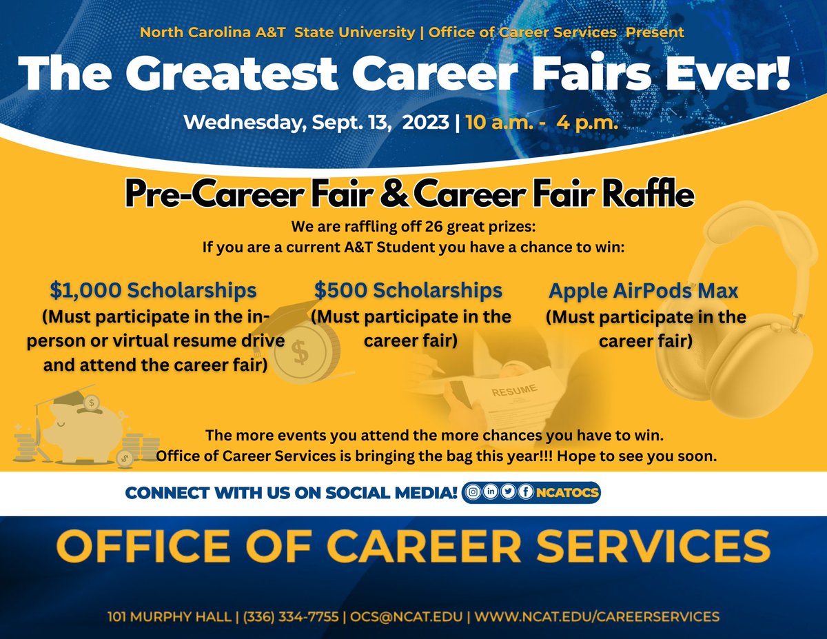 ncatsuaggies's tweet photo. #NCAT itβs that time again! The @ncatocs 49th fall career fair is Wednesday, Sept. 13, 10 a.m. - 4 p.m. Make sure youβre ready to secure that internship, co-op or full time position. Remember there are MULTIPLE locations based on your college/major. https://t.co/ijck4ef1rg https://t.co/Er4tDP1tCF