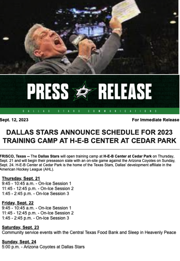Dallas Stars to Open Training Camp in Cedar Park