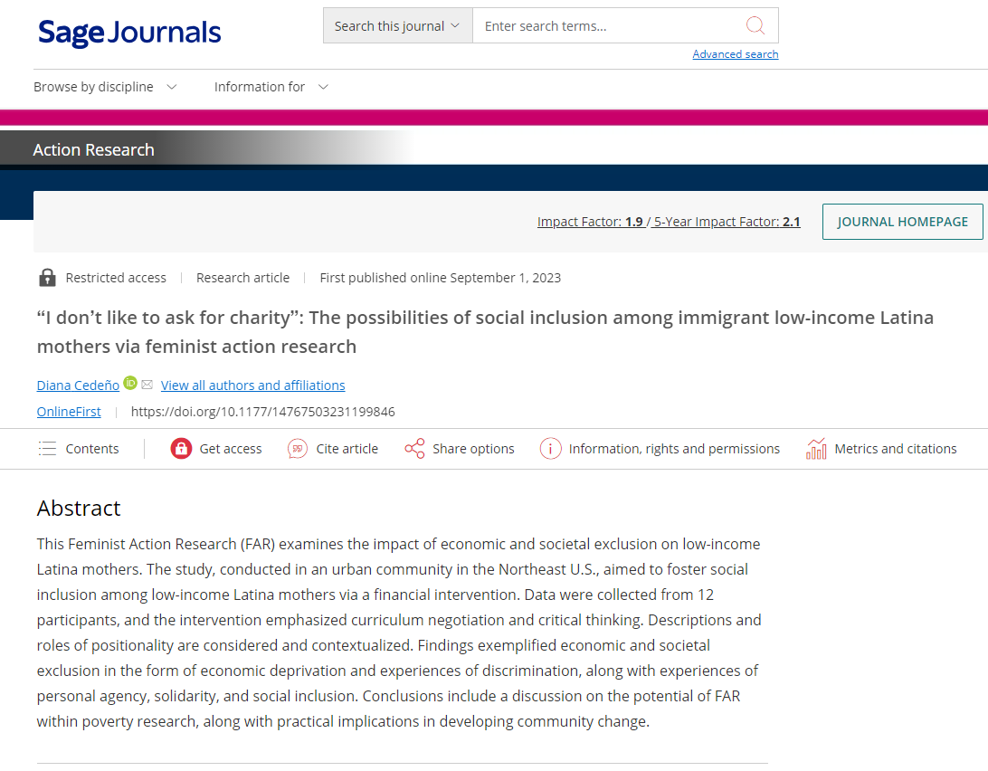 Dr__Cedeno's tweet image. Exciting news! My article on social inclusion among low-income Latina mothers is out early in Action Research journal. The article dives into topics like #exclusion and #poverty. Please share if you find it insightful! 📚 #Research #Latinxmoms journals.sagepub.com/doi/10.1177/14…