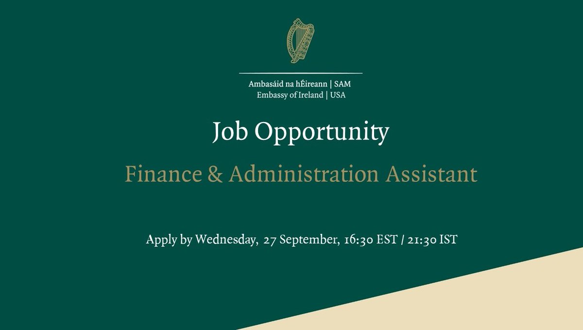 IrelandEmbUSA's tweet photo. We're #hiring!
Do you have accounting experience, an interest in Ireland and #diplomacy, and are a team player? We want to hear from you!
https://t.co/203STYiCRr
⏲️ Applications due Wednesday Sept 27 at 4:30 p.m. EST / 9:30 p.m. IST
#JobFairy #Work4IRL #jobs https://t.co/b3JOeMaB63