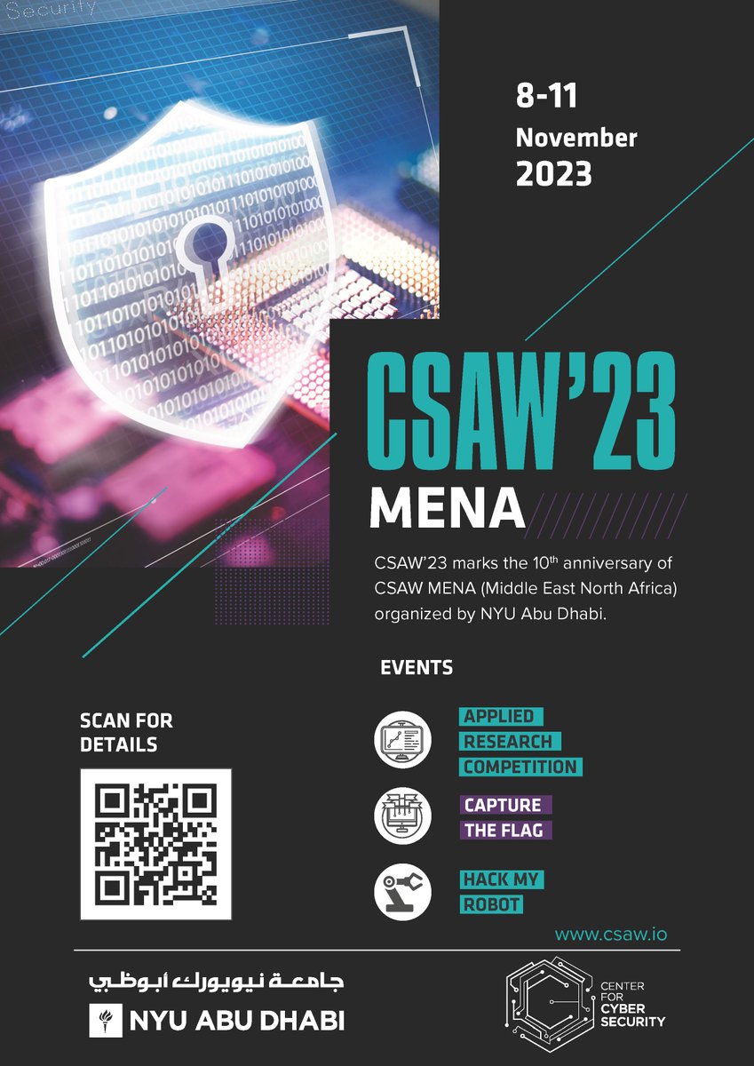 Get ready for a day of inspiration, networking, and more! Join us for an unforgettable event CSAW'23 from Nov 8-11. Scan the code for more details and mark your calendars. It's going to be an event you won't want to miss! #SaveTheDate #CSAW'23 #MENA #NYUAD
csaw.io