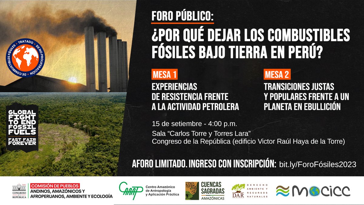 CuencasSagradas's tweet photo. Acompáñanos este viernes 15 en el foro público donde conversaremos sobre la necesidad de dejar los combustibles fósiles bajo tierra.
🗓️ 15/09
📍 Sala 1 “Carlos Torre y Torres Lara”, Congreso de la República.
📝 Inscríbete: https://t.co/INreBKOwXQ
#EndFossilFuels
@mociccperu https://t.co/60StftG8UT