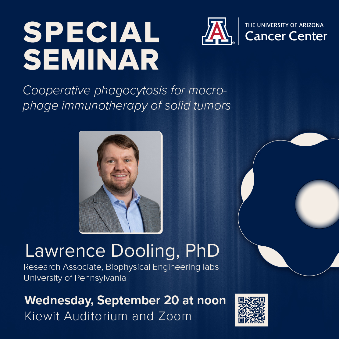 UAZCancer's tweet photo. On Sept. 20, UACC is hosting a guest speaker from @pennbioeng, Dr. Lawrence Dooling. Join us for his presentation in Kiewit Auditorium or by Zoom. #cancerengineering #cancerresearch https://t.co/4SojMEhKD6
