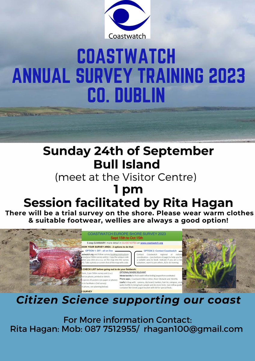 Coastwatch (@coastwatch_ire) on Twitter photo Another training session to get you involved in our Autumn Survey, this time at Bull Island on Sunday 24th September. Please get in touch with <a href="/rita_hagan/">Rita Hagan</a> to book in @dublincitycouncil <a href="/Bullislandacti1/">BullIslandActionGroup</a> <a href="/BirdWatchIE/">BirdWatch Ireland</a> <a href="/TCD_NatSci/">School of Natural Sciences, Trinity College Dublin</a> <a href="/AnTaisce/">An Taisce</a> <a href="/IrishEnvNet/">Irish Enviro Network</a> Another training session to get you involved in our Autumn Survey, this time at Bull Island on Sunday 24th September. Please get in touch with <a href="/rita_hagan/">Rita Hagan</a> to book in @dublincitycouncil <a href="/Bullislandacti1/">BullIslandActionGroup</a> <a href="/BirdWatchIE/">BirdWatch Ireland</a> <a href="/TCD_NatSci/">School of Natural Sciences, Trinity College Dublin</a> <a href="/AnTaisce/">An Taisce</a> <a href="/IrishEnvNet/">Irish Enviro Network</a>