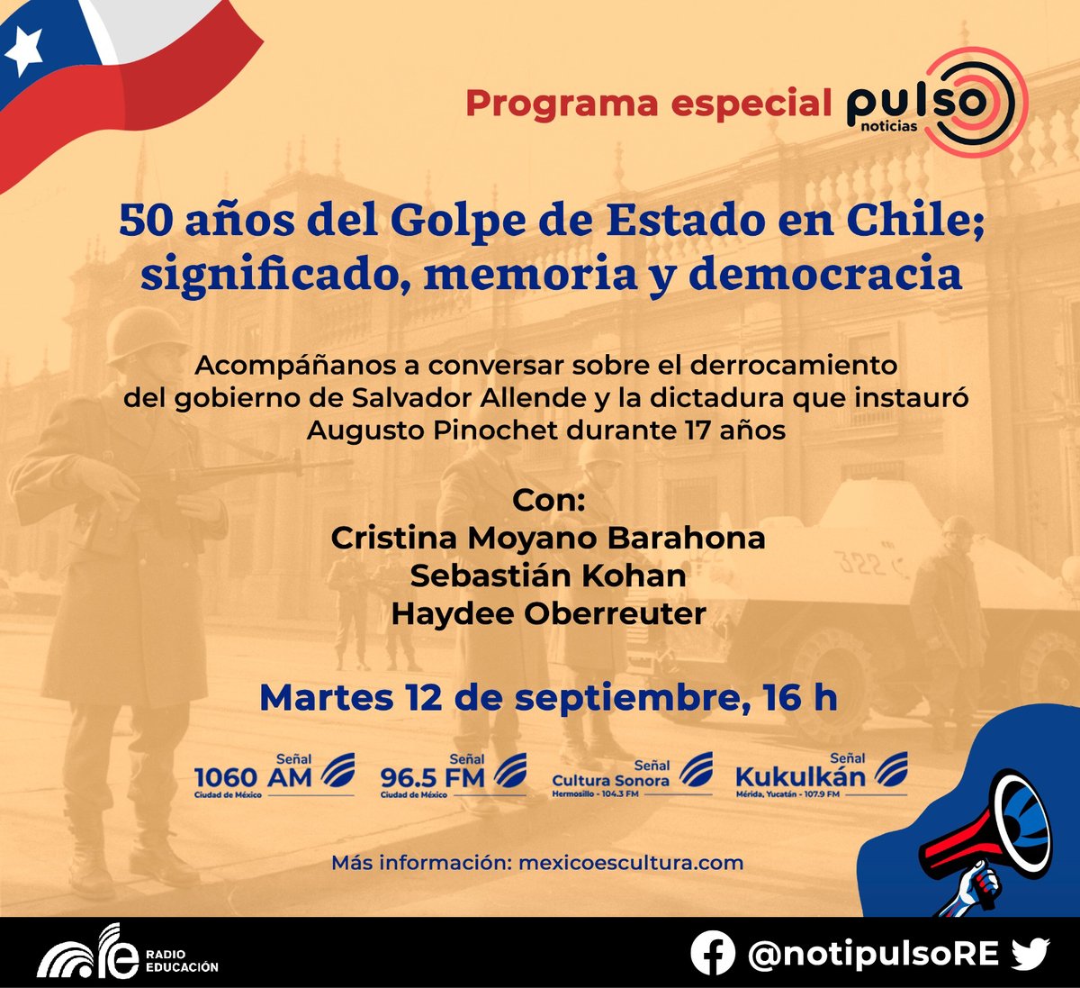 Programa especial #PulsoNoticias

Acompáñanos a conversar sobre los #50AñosDelGolpeDeEstado en Chile 🇨🇱 con Cristina Moyano (Decana en la <a href="/udechile/">Universidad de Chile</a>), Sebastián Kohan (Director de cine) y <a href="/HOberreuter/">Haydee Oberreuter</a> (Exprisionera política de la Dictadura)

⏰ Hoy, 16 h
📻 1060 AM l 96.5 FM #CDMX