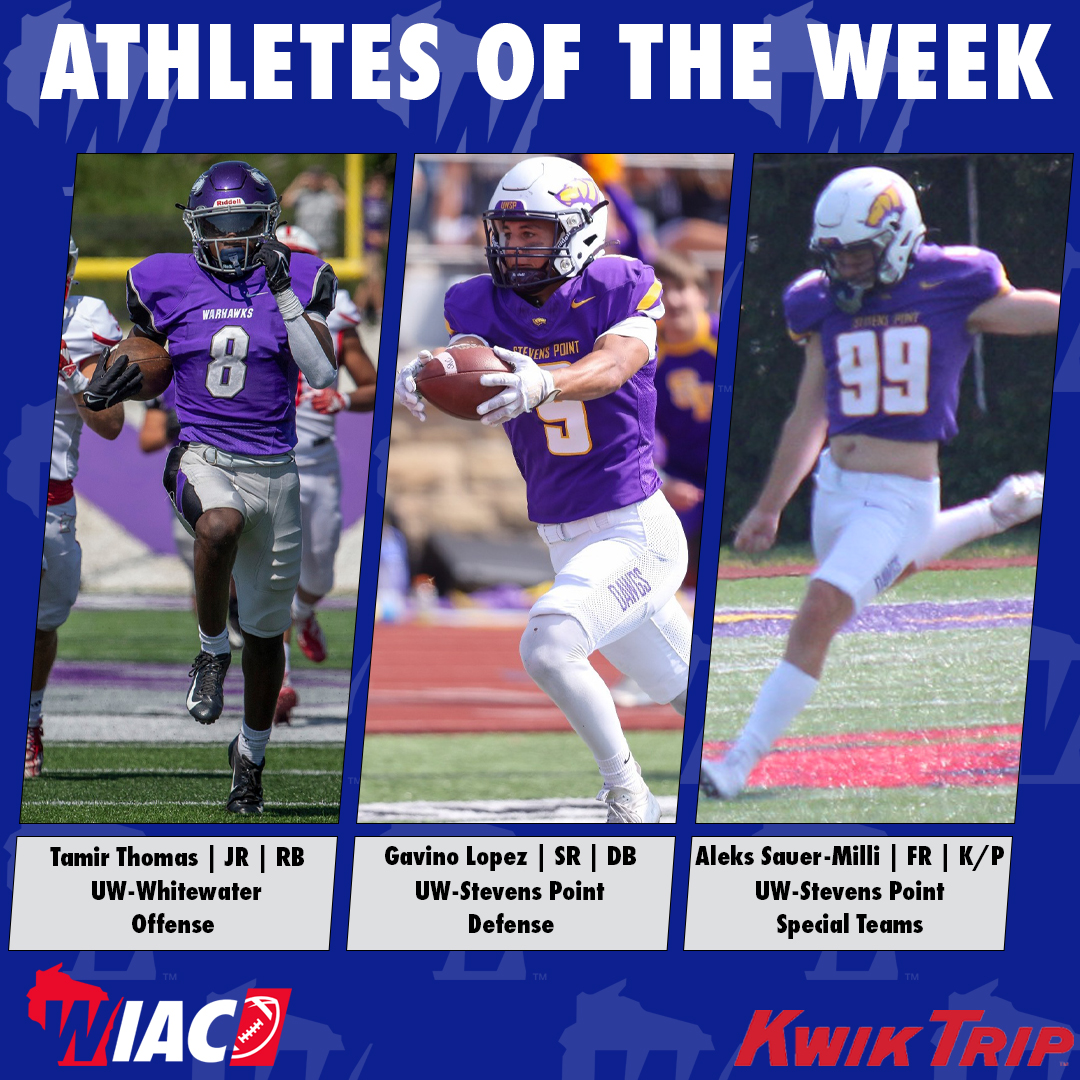 #WIACFB | <a href="/UWWAthletics/">Warhawk Athletics</a> Thomas and <a href="/UWSPAthletics/">UWSP Athletics</a> Lopez and Sauer-Milli Receive Kwik Trip Athlete of the Week Honors: bit.ly/3PeaOcs
#ExcellenceInAction
#d3fb