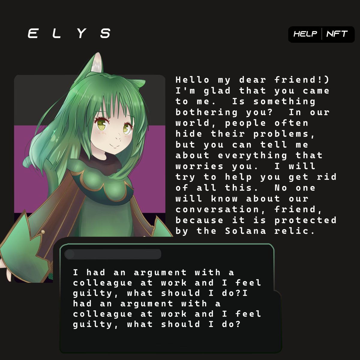 Our bot is Elys! Elys is ready to help cope with the disease and help like a real psychologist!  #Solana #NFT #SolanaNFTs #opensea #trailer #elysium #MagicEden #Binance #ElonMusk #Matic #Polygon #EthereumNFT #NFTproject #ADA #Bitcoin #Blockchain #SXP