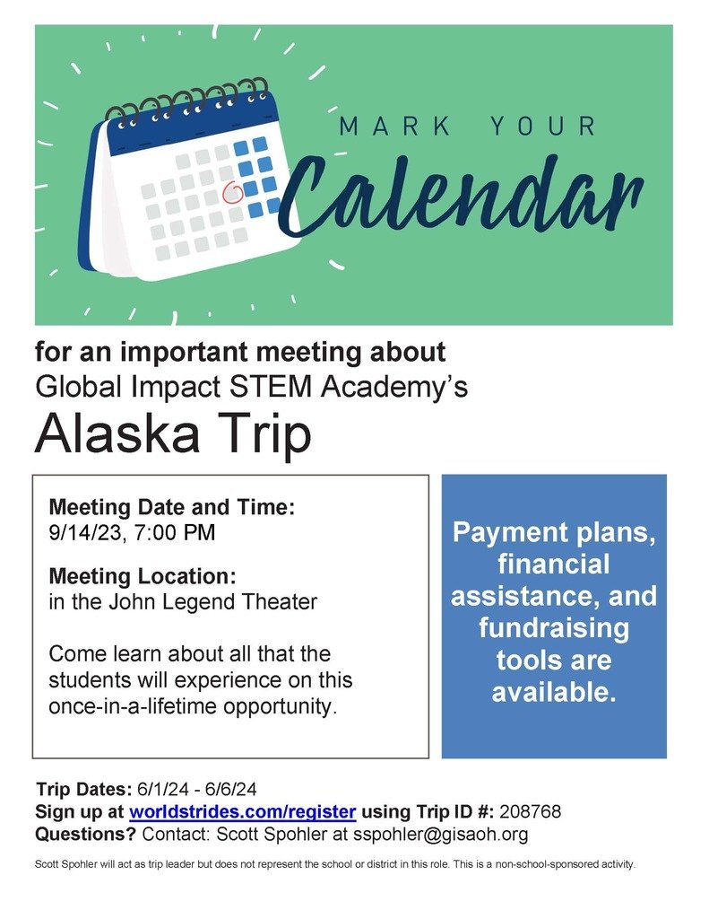 GIAcademy's tweet image. We have a meeting Thursday night at 7:00 in the JLT for our Alaska trip coming up in June 2024. We have students already going on the trip, but this is designed for students newly interested in the trip. If you have questions, please contact Mr. Spohler at sspohler@gisaoh.org
