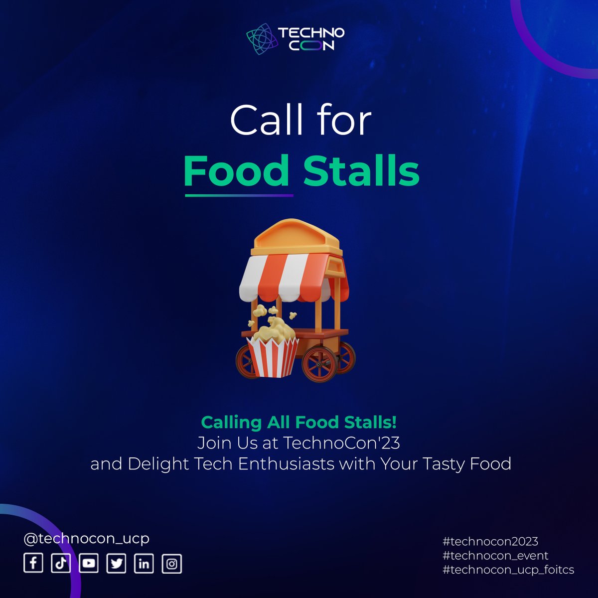 Technocon_ucp's tweet photo. Calling all tech-savvy foodies! 

Get ready to tantalize your taste buds and satisfy your tech cravings at TechnoCon Event 23! 
Are you a food stall owner with a passion for innovation and flavor? 🍕🔬 We want YOU to be a part of our electrifying event where tech meets taste! https://t.co/H83WgkhWcq