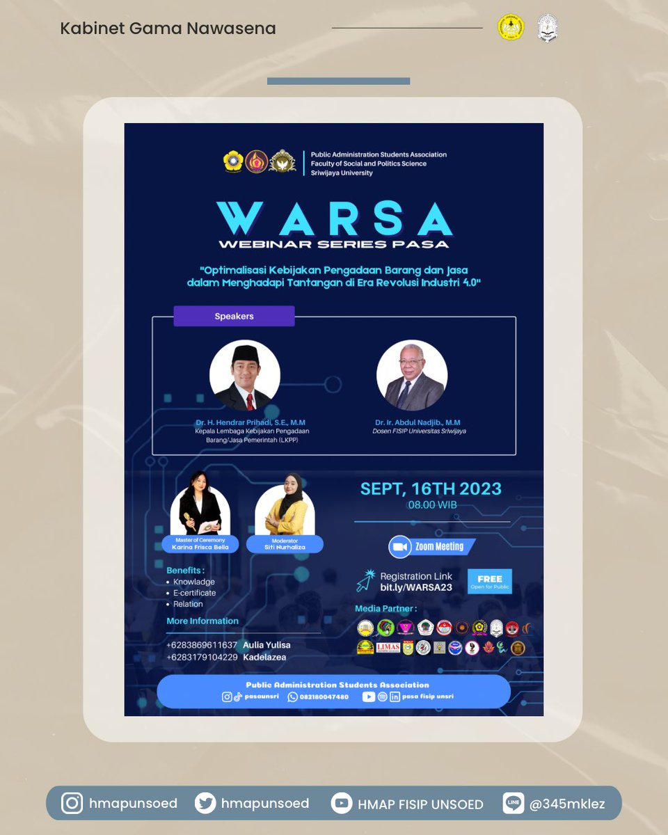 [WEBINAR SERIES PASA (WARSA)]

Selengkapnya dapat dilihat melalui :

instagram.com/p/CxE2v4ovDBW/…

#WARSA
#PASAFISIPUNSRI
#BerkaryaBerprosesBerkolaborasi
#KabinetAdibrataReswara
#AdministrasiPublik
#UniversitasSriwijaya