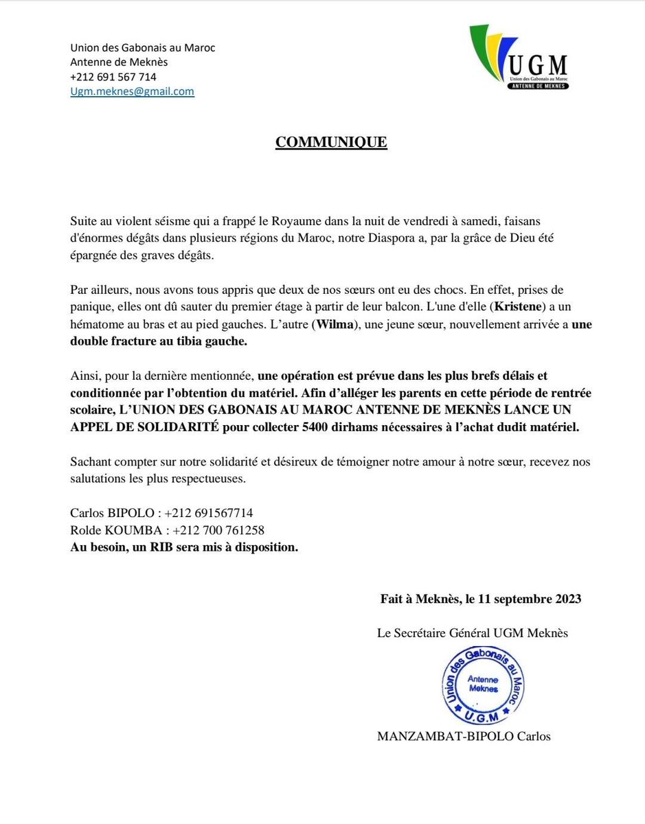 Communication de l’Union des #Gabon-ais au #Maroc🇲🇦
Si vous le pouvez, faites un geste pour nos compatriotes.🙏🏾

𝐑𝐈𝐁: ⤵️