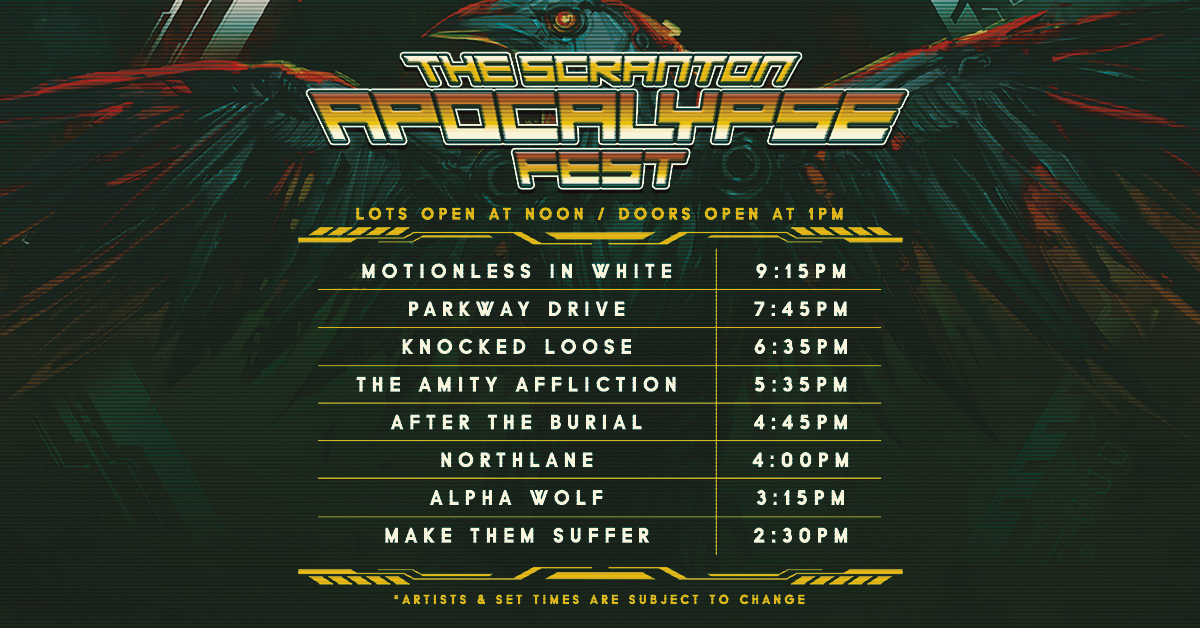 SET TIMES ARE HERE ⏰ Scranton Apocalypse invades Montage Mountain THIS SATURDAY! 🤘 Lots: 12PM ET | Doors: 1PM ET Need a last minute pass? Snag yours👉bit.ly/3EyQ0HV
