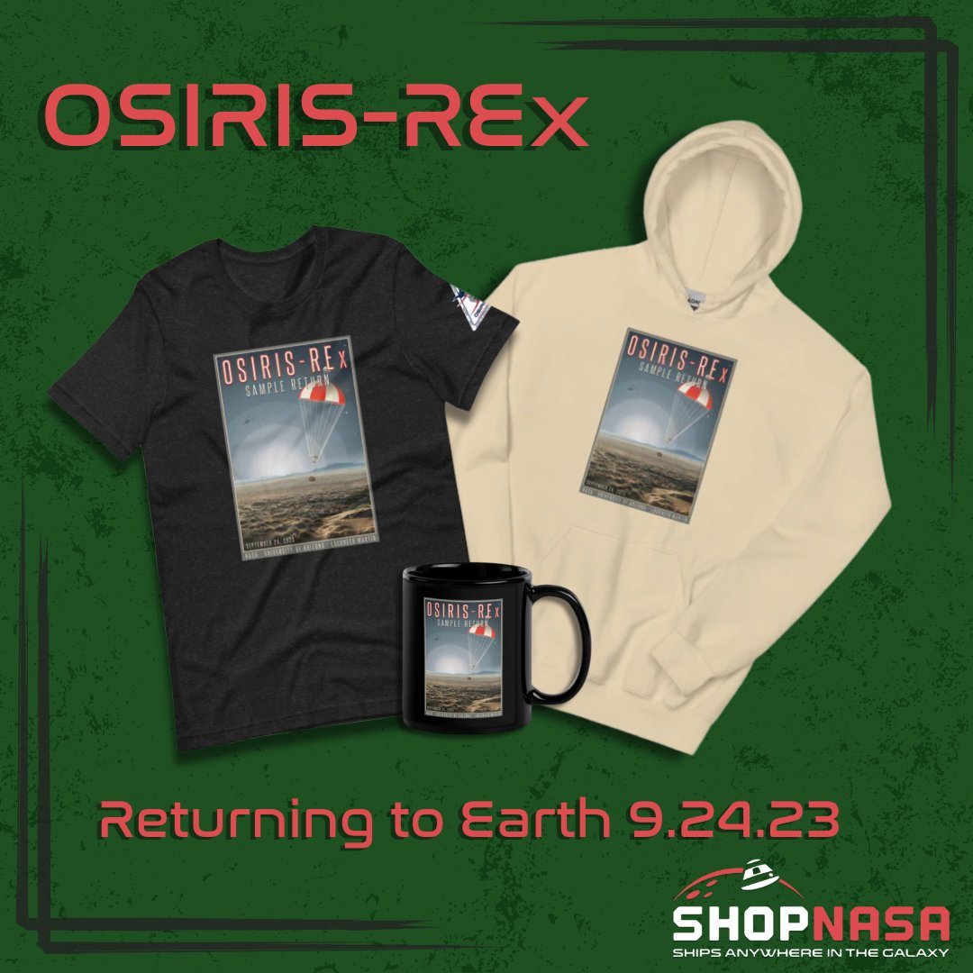 ShopNASA's tweet image. Get ready for the return of OSIRIS-REx!

NASA’s OSIRIS-REx is the first U.S. mission to collect a sample from an asteroid and will be returning to Earth on 9.24.2023 with material from asteroid Bennu.

Shop the OREx collection at the link in our bio! 🌎✨☄️

#OREx #ShopNASA  #JSC