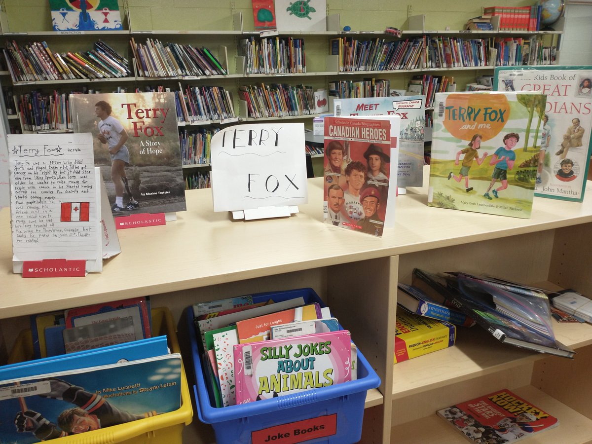 juliadanielloeb's tweet photo. Our #TerryFox display. So proud of S in grade 5 for this detailed report/poster and thrilled that two primary students chose these books during  their first visit at @OLVMWolverines https://t.co/vbKFtK4oaQ