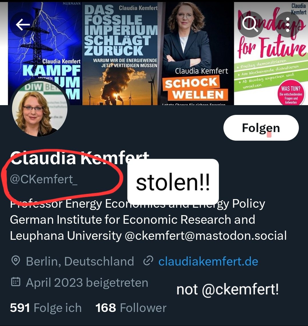 Claudia Kemfert (@ckemfert) on Twitter photo This account <a href="/CKemfert_/">Claudia Kemfert</a> has stolen my identity, its not me!
My Account is <a href="/CKemfert/">Claudia Kemfert</a> This account <a href="/CKemfert_/">Claudia Kemfert</a> has stolen my identity, its not me!
My Account is <a href="/CKemfert/">Claudia Kemfert</a>
