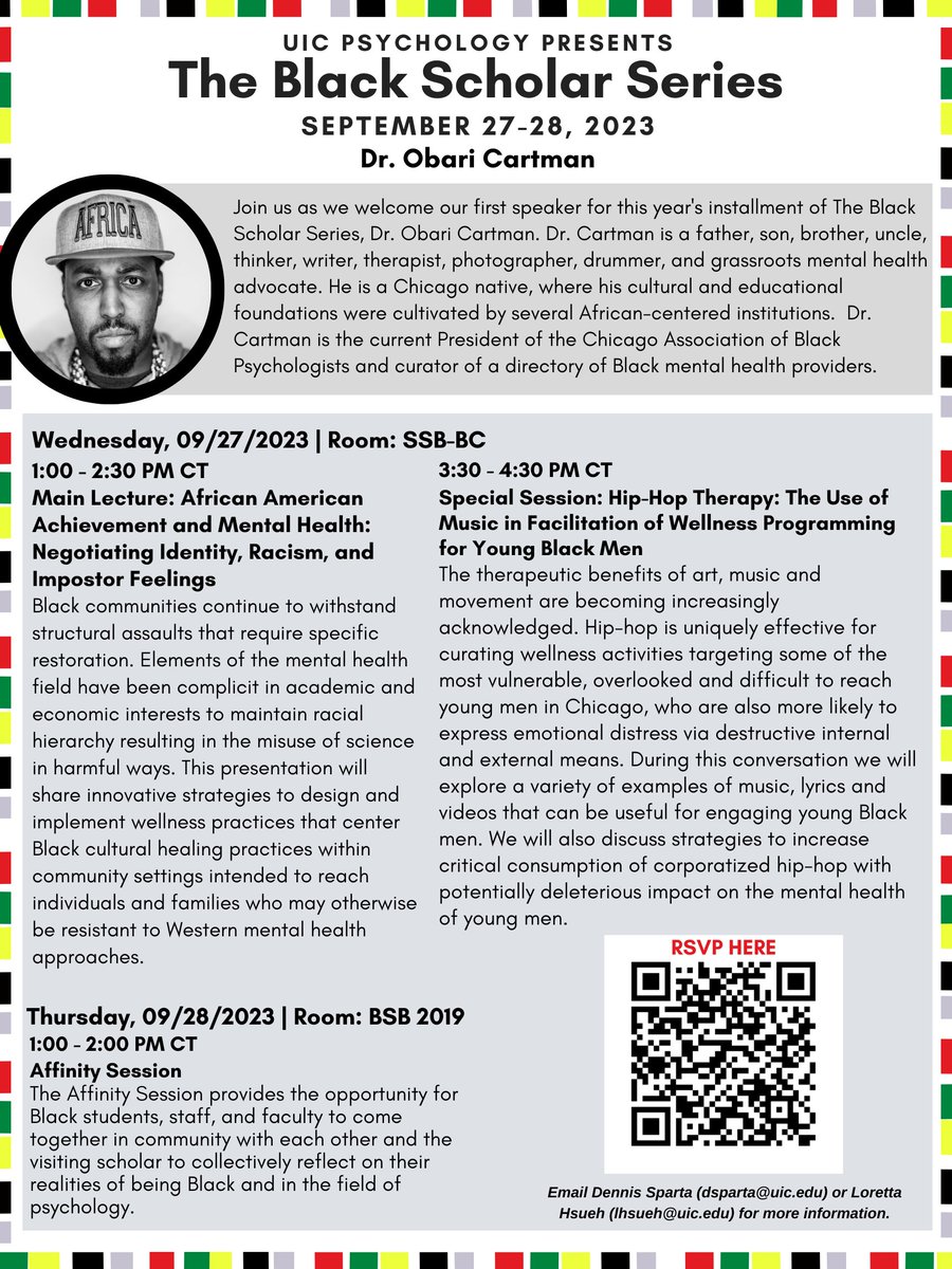 UICPsychology's tweet photo. We are nearly one week away from The Black Scholar Series returning to #UICPsychology! Dr. Obari Cartman (@ocartman1), President of the Chicago Association of Black Psychologists will be joining us in-person for two days! You don't want to miss this!

RSVP at the link in our bio! https://t.co/r9sV55LJ0S