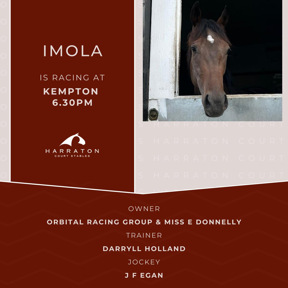 Harraton Court Stables - Darryll Holland (@harratoncourt) on Twitter photo π Imola is racing at Kempton, 6.30 PM! π Proudly owned by Orbital Racing Group & Miss E Donnelly, expertly trained by #DarryllHolland, and led by jockey <a href="/johnegan1968/">John Egan</a> 
Let's join this winning team on the track! ππ
#HarratonCourtStables #HorseRacing π Imola is racing at Kempton, 6.30 PM! π Proudly owned by Orbital Racing Group & Miss E Donnelly, expertly trained by #DarryllHolland, and led by jockey <a href="/johnegan1968/">John Egan</a> 
Let's join this winning team on the track! ππ
#HarratonCourtStables #HorseRacing