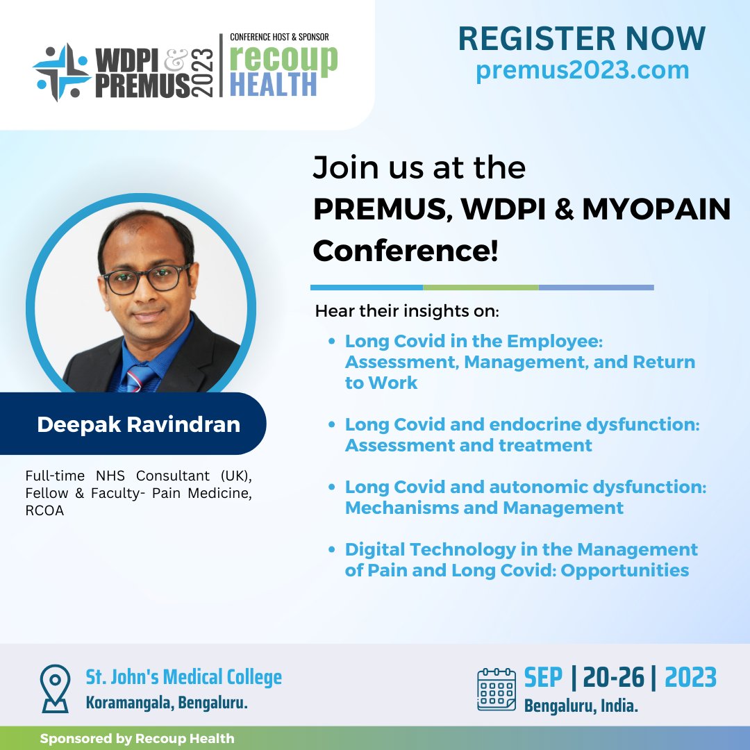 Premus_2023's tweet photo. Register @ USD 100! https://t.co/PHVsodEdw8 

Join us at PREMUS, WDPI, &amp; MYOPAIN Conference to explore how Long Covid has impacted the working class and beyond. Check out thought-provoking sessions with our experts, who’ll shed light on critical aspects of this condition. https://t.co/0o9z0Lsn4q