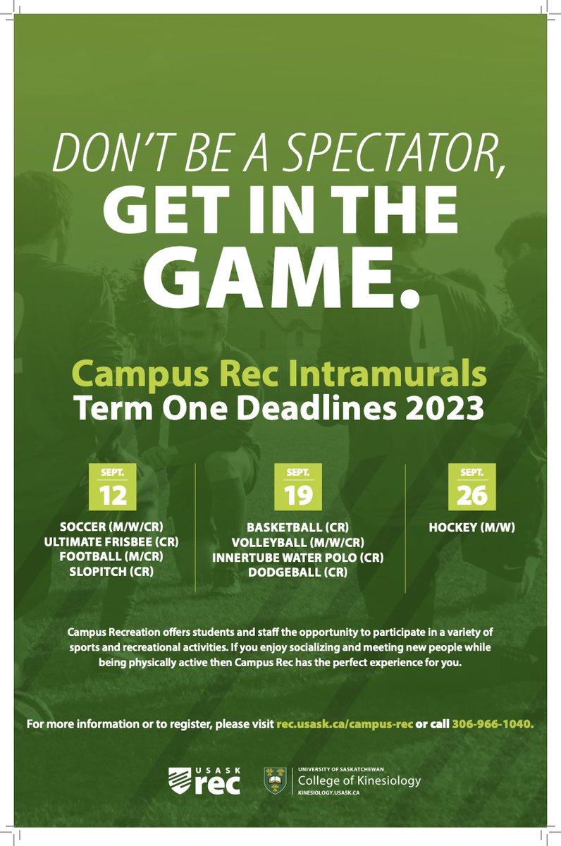 Fall registration is open! 

Campus Rec is offering many indoor and outdoor sports this term 🏀🏐🏒🤽🏼🥎

Don’t miss out on a great opportunity to get active, meet new friends, and have some fun! 

Register now at rec.usask.ca or on the USask Rec app
