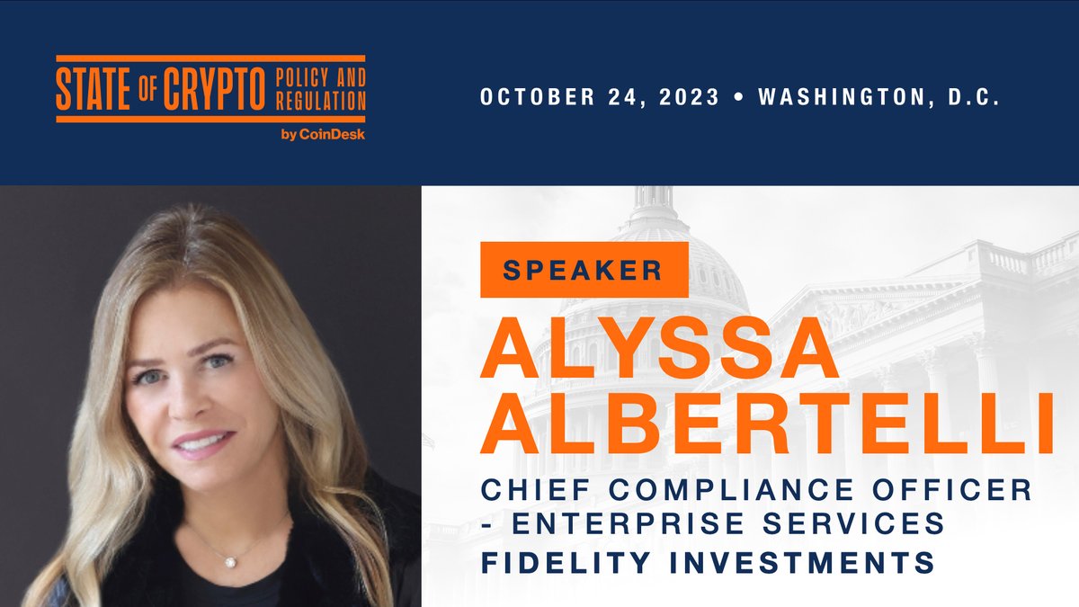🌟 @Fidelity Chief Compliance Officer for Enterprise Services Alyssa  Albertelli has led global compliance teams and advised on emerging  technologies. Join her at #StateofCrypto2023 as we evaluate recent @SECGov  and @CFTC enforcement