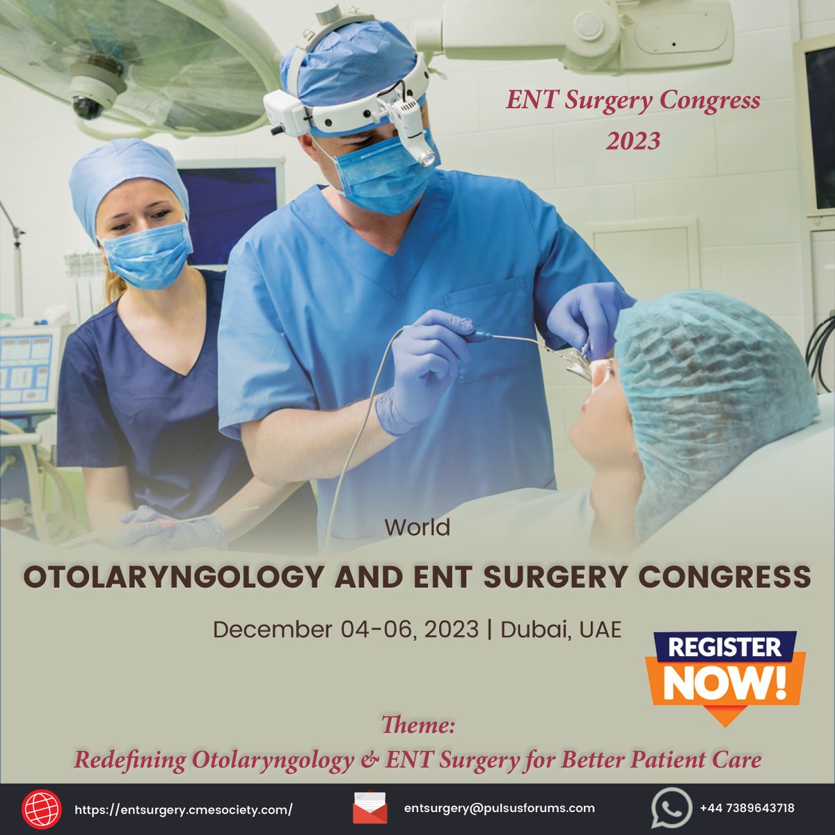 👂 Exciting News! ✨

Join us in #Dubai, UAE🇦🇪, from Dec 4-6, 2023, for the #ENTSurgeryCongress2023 🌍👃

🔬Explore research and advancements
🤝Network with experts
🌴Enjoy the vibrant culture of Dubai!

📌#Register now &amp; be part of the future of ENT!
⬇️🔗rb.gy/ftolr