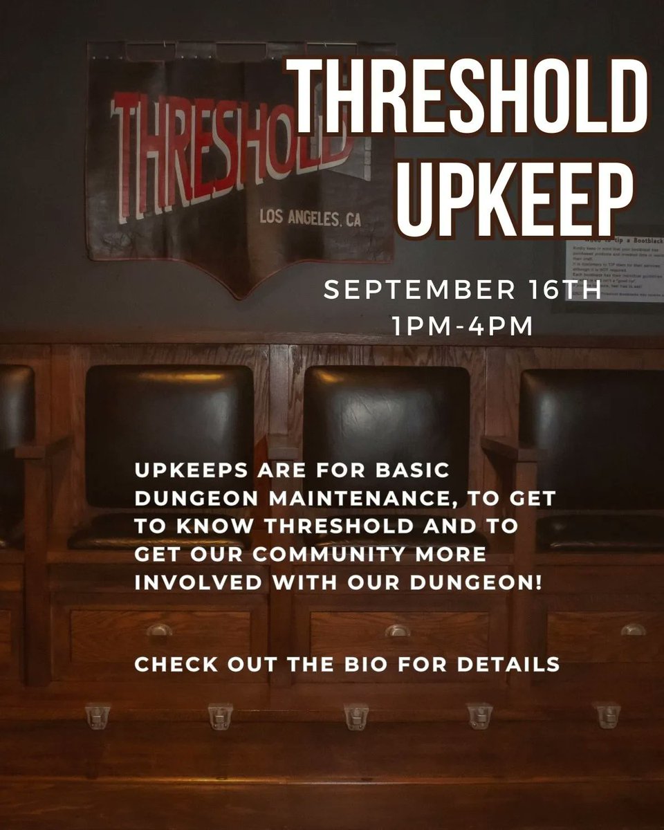 Threshold_LA's tweet photo. Please come join us as we listen to music, and get to know each other while making Threshold a better place for all.
#thresholdsociety #threshold #losangelesdungeon #labdsm #lakink #losangeleskink #thresholdla #kinkcommunity #threshold_la https://t.co/tFe8KboFAe