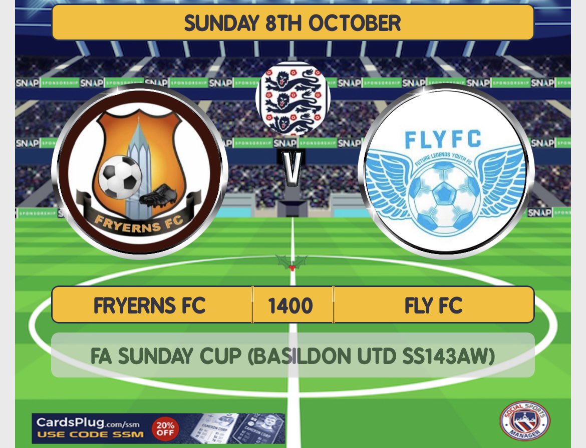 Fryerns FC First (@fryernsr) on Twitter photo ๐ โซ๏ธSAVE THE DATE๐ โซ๏ธ
On Sunday 8th October 1400 KO we will host <a href="/FLYFC5/">FLY FC</a> at <a href="/BasUtdFC/">Basildon United Football Club ๐</a> stadium in the FA Sunday cup so if anyone is free please come to support the lads.
Bar and Burger van will be open.
Thanks @ChairBas for allowing us to use your facilities. ๐ โซ๏ธSAVE THE DATE๐ โซ๏ธ
On Sunday 8th October 1400 KO we will host <a href="/FLYFC5/">FLY FC</a> at <a href="/BasUtdFC/">Basildon United Football Club ๐</a> stadium in the FA Sunday cup so if anyone is free please come to support the lads.
Bar and Burger van will be open.
Thanks @ChairBas for allowing us to use your facilities.
