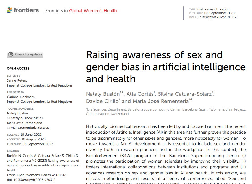 BuslonNataly's tweet photo. 🆕Finally published! Our latest paper in w/
@WomensBrainPro uncovering the methodology behind the #AIGenderBias groundbreaking series of workshops by @BSC_CNS &amp; @FundlaCaixa on sex and gender bias in AI and health #AIBias #SexGenderAI #Health

📰 https://t.co/y9RID04A5l https://t.co/T2pOrEQNjX