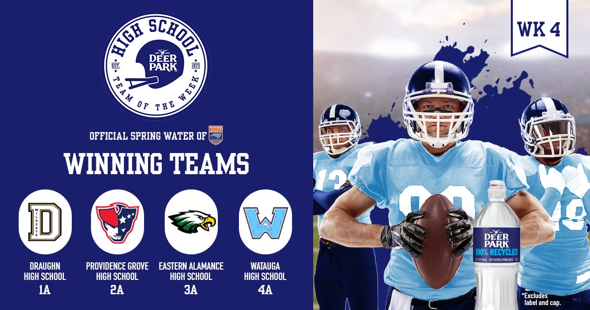NCHSAA (@nchsaa) on Twitter photo Congratulations to the Week 4 Deer Park Team of the Week winners! @DeerParkWTR๐๐
1A- <a href="/DraughnFB/">Draughn Football</a>
2A- <a href="/PGroveHS/">Providence Grove High School</a> @PGHS_Football
3A- <a href="/EAHS_Football/">Eastern Alamance Football</a>
4A- <a href="/WataugaPioneers/">Pioneer Athletics</a> <a href="/PerfectEffort14/">WataugaFootball</a>
dpteamoftheweek.com Congratulations to the Week 4 Deer Park Team of the Week winners! @DeerParkWTR๐๐
1A- <a href="/DraughnFB/">Draughn Football</a>
2A- <a href="/PGroveHS/">Providence Grove High School</a> @PGHS_Football
3A- <a href="/EAHS_Football/">Eastern Alamance Football</a>
4A- <a href="/WataugaPioneers/">Pioneer Athletics</a> <a href="/PerfectEffort14/">WataugaFootball</a>
dpteamoftheweek.com
