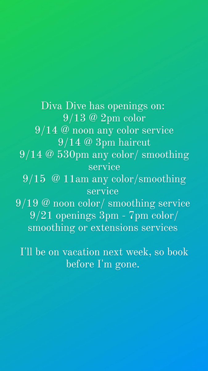 DivaDiveColor's tweet image. I'm going on vacation next week. If you need or want to get your hair done before I leave. These are the dates I have available for booking. 
divadivecolorbar.glossgenius.com

Have a beautiful week y'all

#divadivecolorbar  #masterstylist #extensions #curlyhair #balayage #vividhaircolor