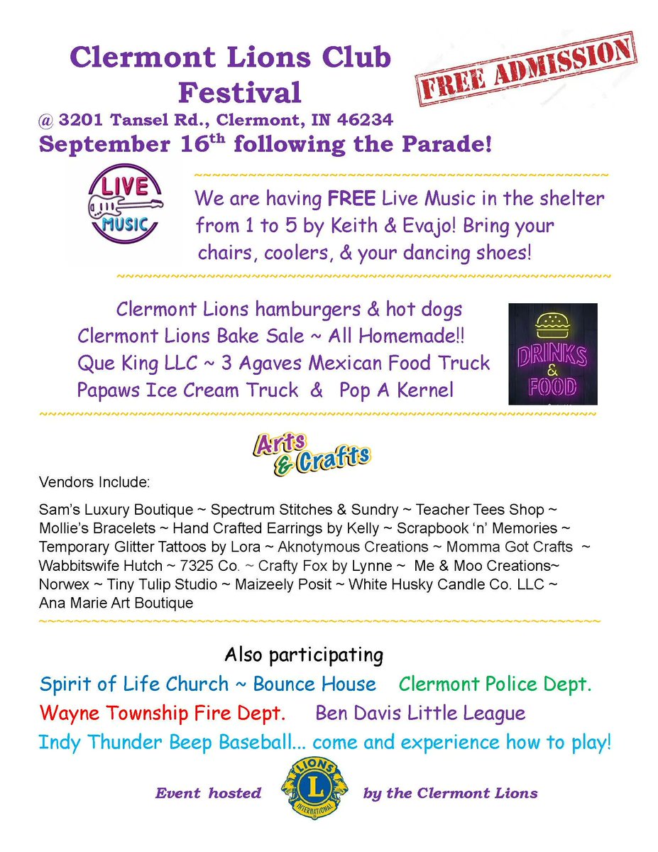 WayneTwpSchools's tweet photo. Mark your calendar for the Clermont Lions Club Parade and Festival on Saturday, September 16. The festival in Lions Club Park begins following the parade through Clermont at 11 a.m. Check out the attached flyer for all the details! https://t.co/ImZkv4P5Xx