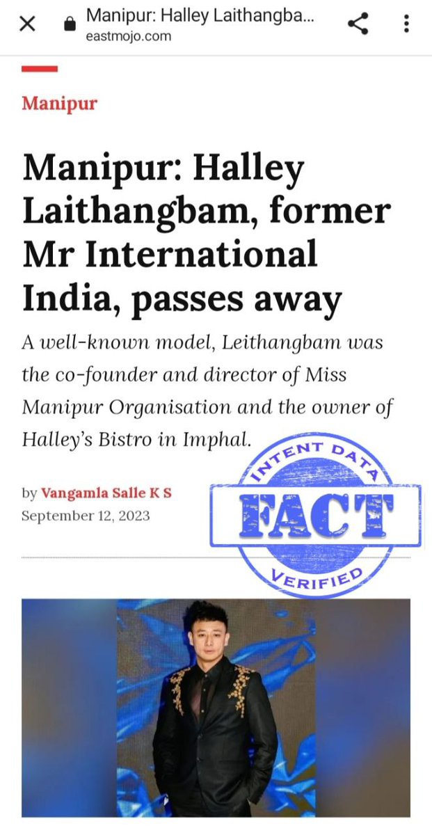 dintentdata's tweet photo. 1088
ANALYSIS:Misleading

FACT:The image of Halley Laithangbam is being linked to a terror attack in Manipur with the claim that he is a Meitei terrorist and was involved in the attack and succumbed to his injuries.The fact is he is a well-known model and was the co-founder (1/3) https://t.co/Jx5hSuWpP9