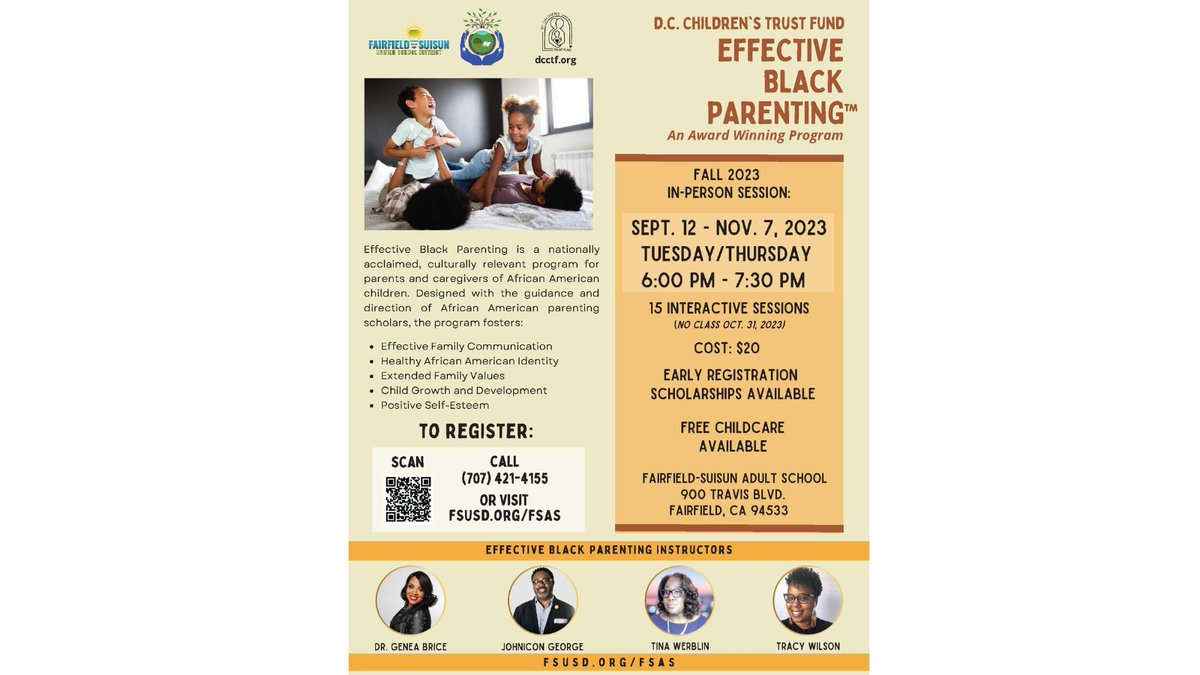 Updated to start on 9/19.  The Effective Black Parenting course is returning this fall.  The cost is $20 and childcare is available.  Please see our website for additional information.  fairfieldas.asapconnected.com/?#CourseGroupI…

@HarperrandC
@CaliforniaDOR @FairfieldSuisun @OfFairfield