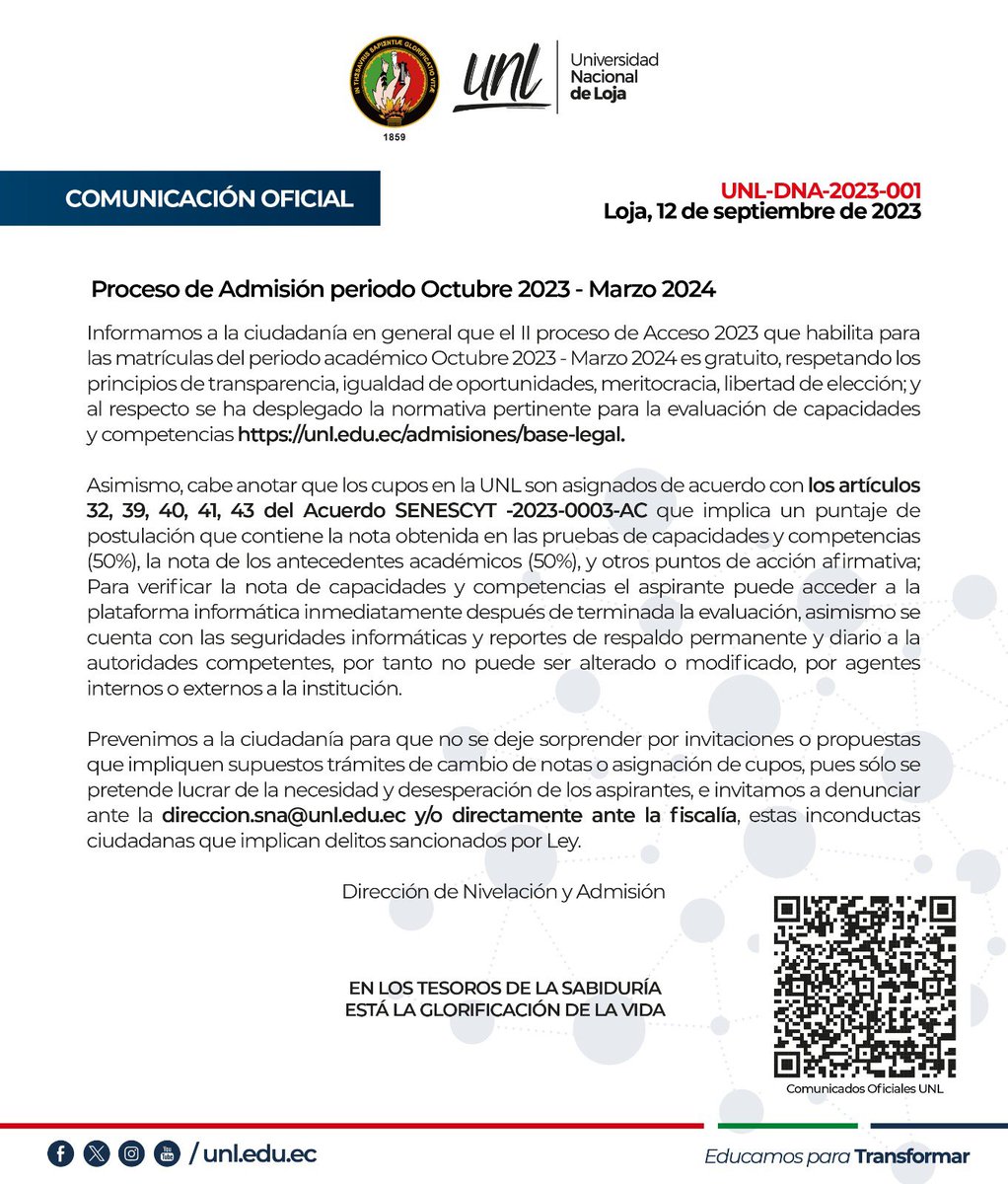 UNLoficial's tweet photo. 🛑 #ComunicadoUNL 🛑
👉Nuestra Alma Máter previene a la ciudadanía a no dejarse sorprender por personas que solo pretenden lucrar con la necesidad de los aspirantes.
✅ Si usted ha sido víctima o recibió este tipo de propuestas, denunciar a: direccion.sna@unl.edu.ec https://t.co/jZVX5Vuzw0
