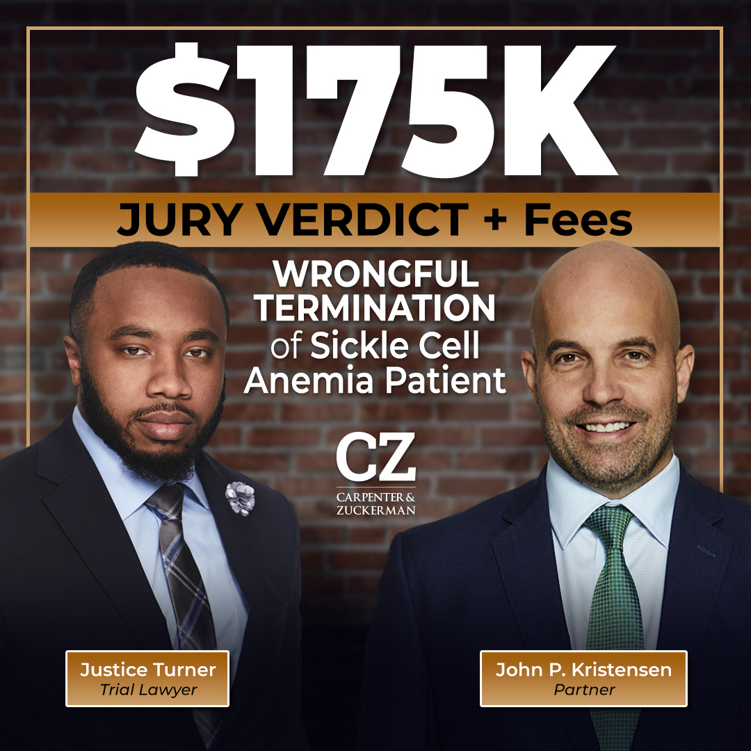 📣 #CZLaw #Partner John P. Kristensen and #TrialLawyer Justice Turner won a $175K jury #Verdict in a #WrongfulTermination case against Rockstar Staffing, LLC, who terminated the plaintiff after her brief hospitalization for #SickleCell anemia. Outstanding work, gentlemen! ⚖️